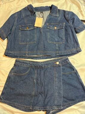 SHEIN Dark Blue Denim Cropped Jacket & Short Skort Set